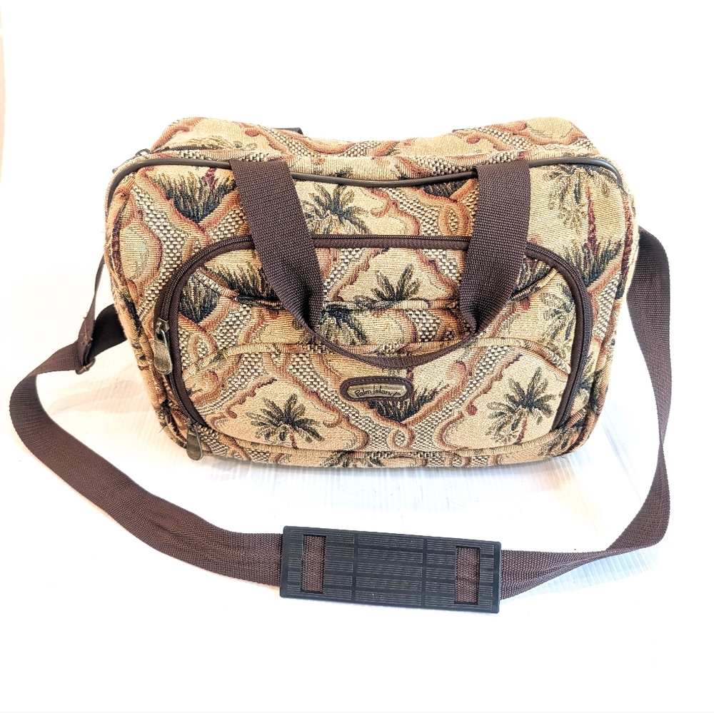PALM ISLAND Vintage 80s 90s Tropical Palm Tree Print Canvas Cosmetic Carry Bag